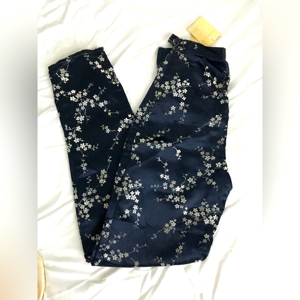 90’s NWT Express satin dark navy with silver floral accents fitted pants.